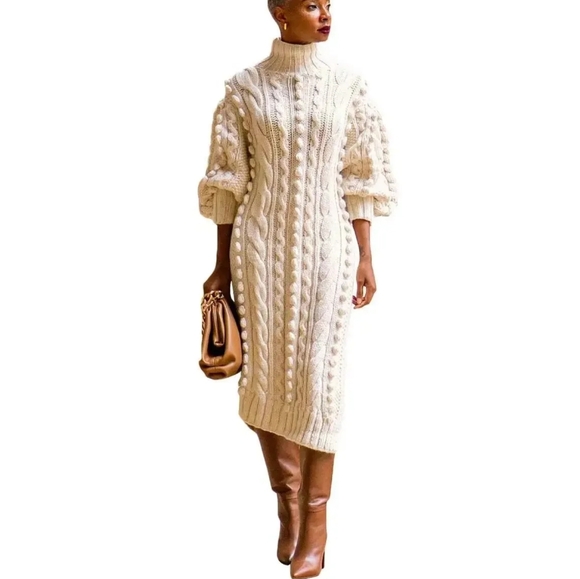 Autumn Women Long Sleeve Turtleneck Knitted Dress - Picture 2 of 8